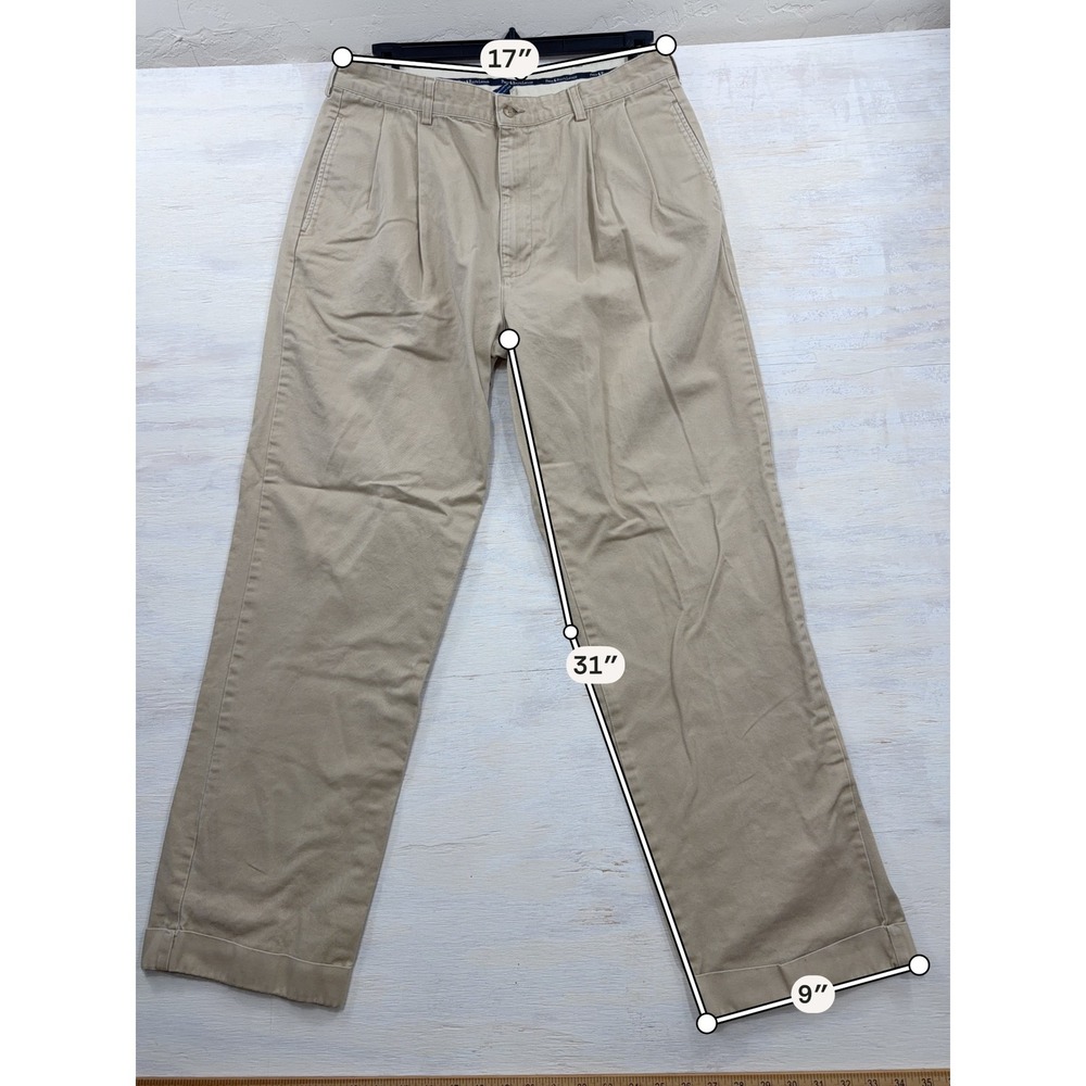 VTG Polo Ralph Lauren Chino Andrew Pant Pleated Cuffed Khaki Tan Mens 36x32 - Picture 8 of 9